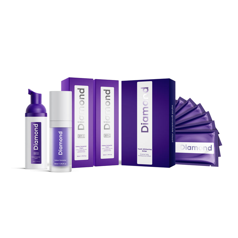 Lila Diamond Smile Zahnbleaching Serum mit White Strips und Zahnbleaching Schaum 